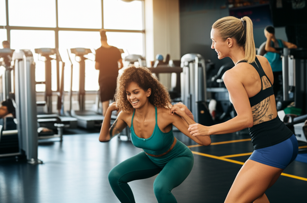 Two women motivating each other during workout